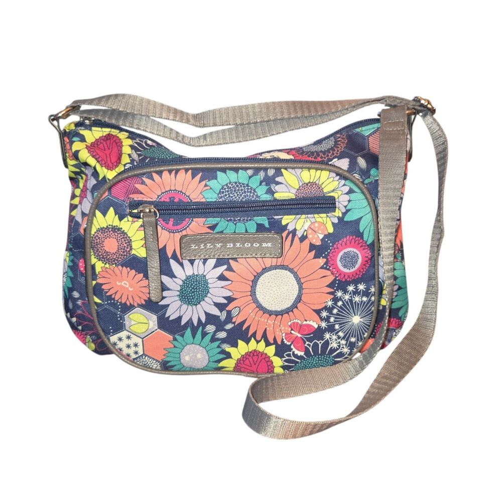 Lily Bloom Navy Floral Sunflower Print Fabric Utility‎ Large Crossbody 12"X9"X2"